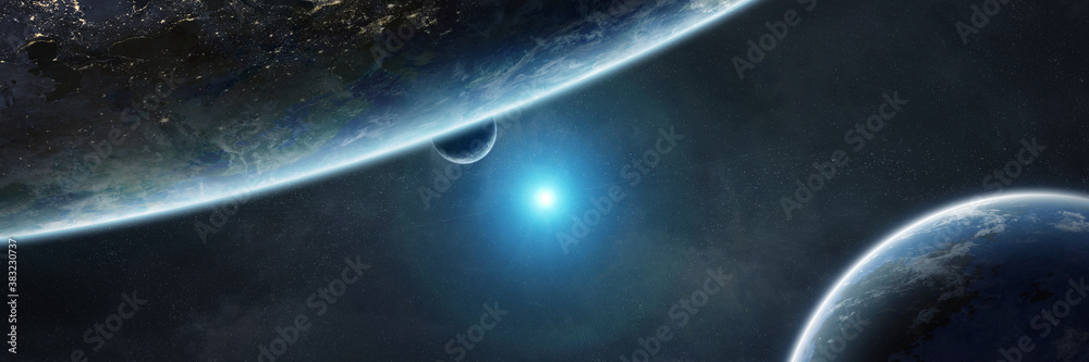 Leinwandbilder panoramic space planets background. panorama of distant solar system with exoplanets 3d rendering el