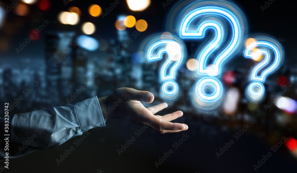 Leinwandbilder man hand using digital question marks holographic interface 3d rendering
