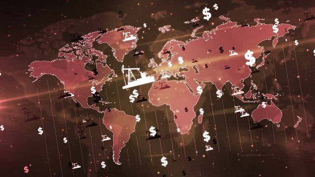 Energy business and fossil fuels in global economy. Dollar money and oil pump symbols over world map. Loop abstract concept background of fuel industry. Loopable seamless 3d animation.