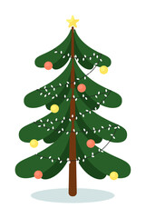 Christmas tree. Evergreen fir tree with star, christmas ornament ball bauble and lights isolated on white background. Seasonal holiday symbol vector illustration