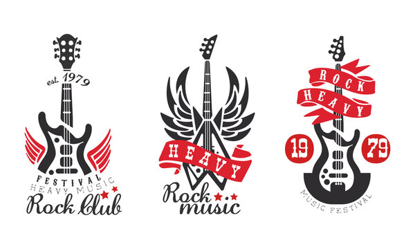 Rock Club Logo Templates Set, Heavy Rock Music Festival Retro Labels Vector Illustration
