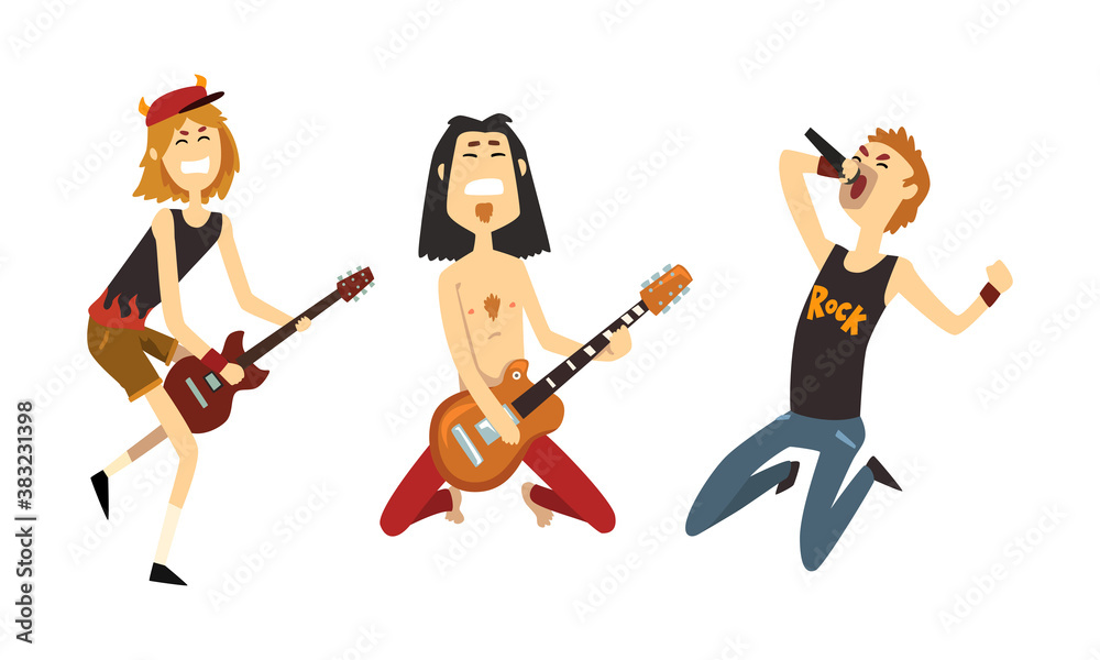 Poster funny rock musicians characters playing electric guitars and singing, rock band performing on festiv