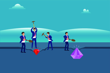 Business vector concept: Business people scrambling to dig looks like big diamond while their rival digging looks like smaller diamond