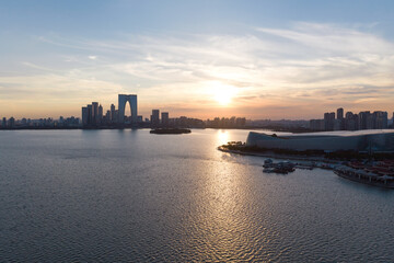 Fototapeta premium City buildings by Jinji Lake in Suzhou, China.