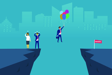 Business competition vector concept: Clever businessman flying with balloon toward success flag and leaving his rivals