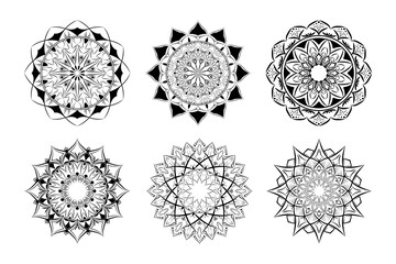 Set of mandala decorative and ornamental design for coloring page, invitation, greeting card, tattoo, yoga and spa symbol