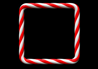 Classic red and white striped christmas candy color square frame isolated on black background. Square frame. 3D rendering and 3D illustration.