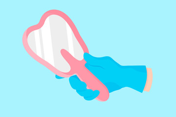 Vector cartoon hand of a dentist in a blue glove that hold a dental mirror in the form of a tooth.