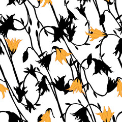 Fototapeta na wymiar Floral seamless pattern from orange and black flowers on a white background. Textile scary forest ornament.