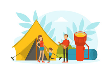 Tiny Tourists Characters Having Camping Trip, Huge Hiking Elements, Family Couple Going on Vacation Vector Illustration