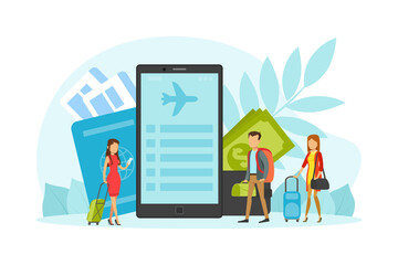 Tiny Tourists Characters Going in Vacation on Luggage, Online Holiday Travel Mobile App Reservation Vector Illustration