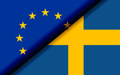 Flags of the EU and Sweden divided diagonally