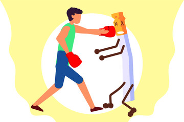 Fototapeta premium Quit smoking vector concept: Young male punching a cigarette while wearing boxing gloves