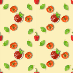 Repetitive pattern. Seamless photographic pattern with tomato, paprika, ketchup and basil