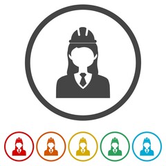 Woman construction worker ring icon, color set