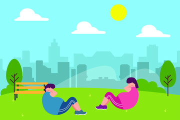 Obraz na płótnie Canvas Sports vector concept: Obese couple doing sit up together in the park