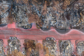 Aerial view of burned down houses from the 2020 Almeda wildfire in Southern Oregon, USA