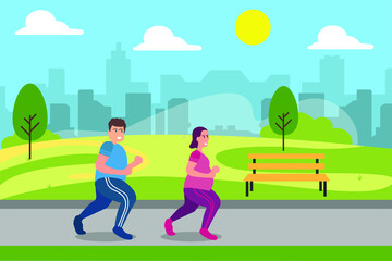 Obraz na płótnie Canvas Sports vector concept: Overweight couple jogging together in the park while wearing sportswear