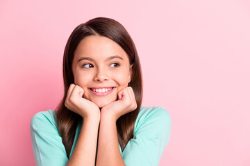 Close-up portrait of her she nice attractive pretty cute cheerful cheery minded long-haired girl looking aside copy space ad advert solution isolated over pink pastel color background