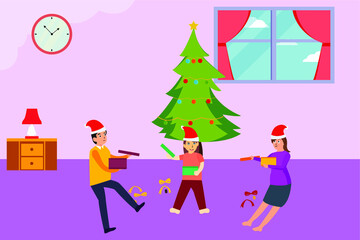 Christmas day vector concept: Young parents and little son open the christmas gift together