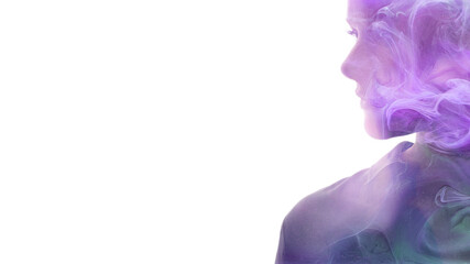 Art portrait. Female universe. Harmony balance. Spiritual enlightenment. Double exposure glitter neon glow purple blue mist in profile woman silhouette isolated on white copy space background.