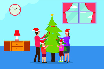Christmas day vector concept: Young parents and two little sons decorate christmas tree together at home
