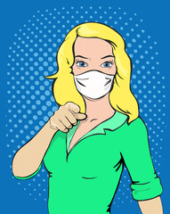 A young woman wearing a medical face mask and pointing finger at you comic book illustration. Pop art concept of Corona virus quarantine.