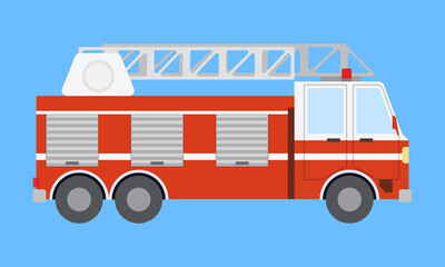 Fire engine in flat style. Side view and side view, isolated on blue background.