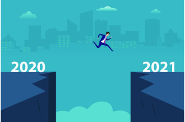 Business in new year vector concept: Young businessman jumping between number 2020 and 2021