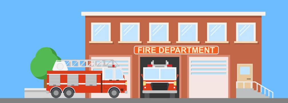 Fire station with two fire engines. Flat style vector illustration.