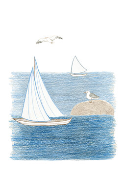 A mixed picture with a tiny cute sailing-ships in a mid-sea and sandy rock with a black-headed gull and gull in the sky. Blue and sandy picture, portrait orientation. Color pencil collage.