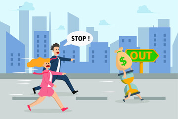 Fototapeta na wymiar Theft vector concept: Young businesswoman and businessman chasing hourglass while stealing a sack of money