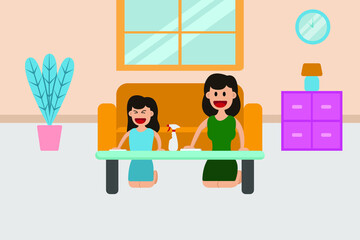 Housekeeping vector concept: Young mother and little daughter wiping table together while using spray bottle