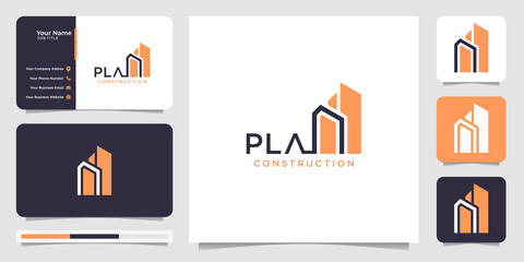 Fototapeta premium Work mark real estate,construction,building logo design with business card style. Premium Vector