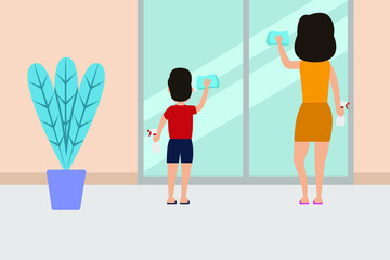Housekeeping vector concept: Little son and young mother wiping window glass together while holding spray bottle