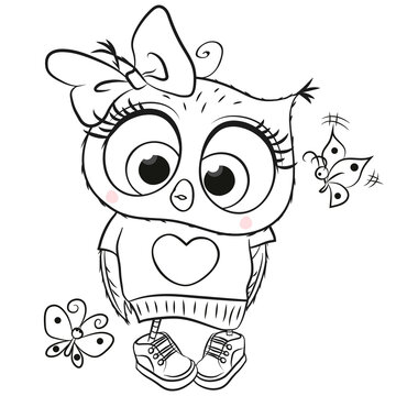 Owl with butterlies outlined for coloring book isolated on a white background