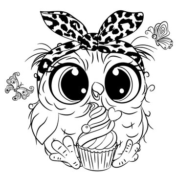 Owl with butterlies outlined for coloring book isolated on a white background