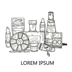 Set of make-up products and perfumes. Vector hand drawn make-up collection.