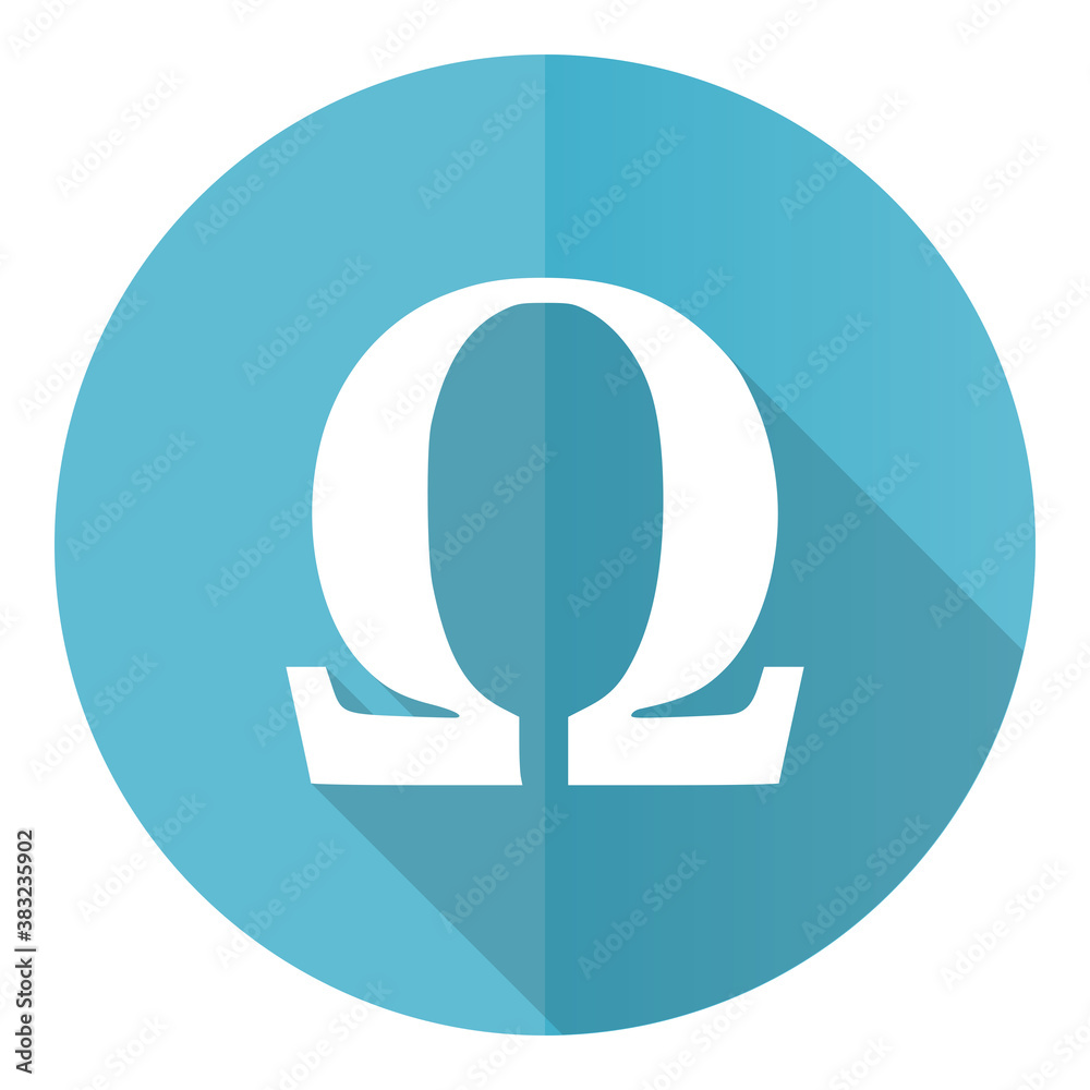 Aufkleber omega vector icon, flat design blue round web button isolated on white background