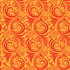 Stilizovannyy russkiy traditsionnyy besshovnyy uzor v krasnykh i zheltykh tonakh. Vektornaya illyustratsiya.