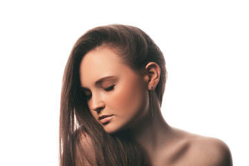 Fototapeta premium Woman portrait. Female sensuality. Peaceful brunette lady with closed eyes bare shoulders isolated on white copy space background. Skincare wellness. Aesthetic cosmetology.