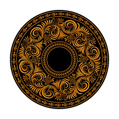 Russian traditional circular pattern. Bright yellow pattern of leaves and blades of grass on a black background.