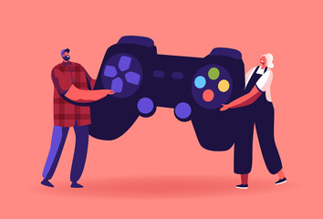 Tiny Male and Female Characters Playing Videogame. Man and Woman Gamers with Huge Gamepad Playing Video Game Concept