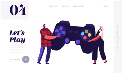 Tiny Characters Playing Videogame.Landing Page Template. Man and Woman Gamers with Huge Gamepad Playing Video Game