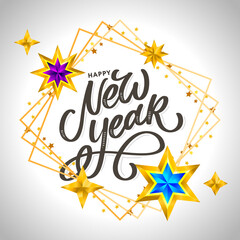 Happy New Year 2020. Lettering Composition With Stars And Sparkles. Holiday Vector Illustration frame
