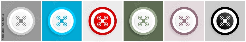 Poster drone, copter icon set, colorful flat design vector illustrations in 6 options for web design and mo