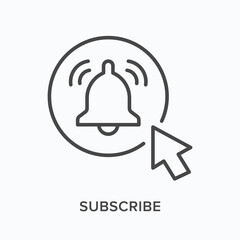 Subscribe now flat line icon. Vector outline illustration of button with bell and arrow. Notification on thin linear pictogram