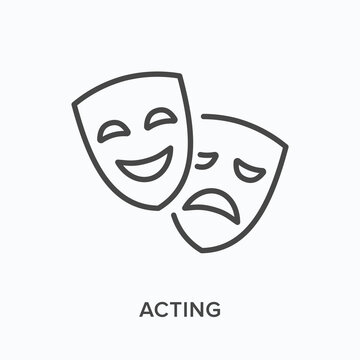 Comedy and tragedy masks flat line icon. Vector outline illustration of theatre drama, performance. Actors thin linear pictogram