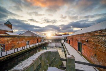 Cityscape of the historic red brick warehouses  at twilight in Hakodate Hokkaido Japan in winter