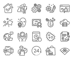 Science icons set. Included icon as Cogwheel, Certificate, Employee hand signs. 24 hours, Copywriting, Cloud server symbols. Swipe up, Dirty water, Augmented reality. Face verified. Vector